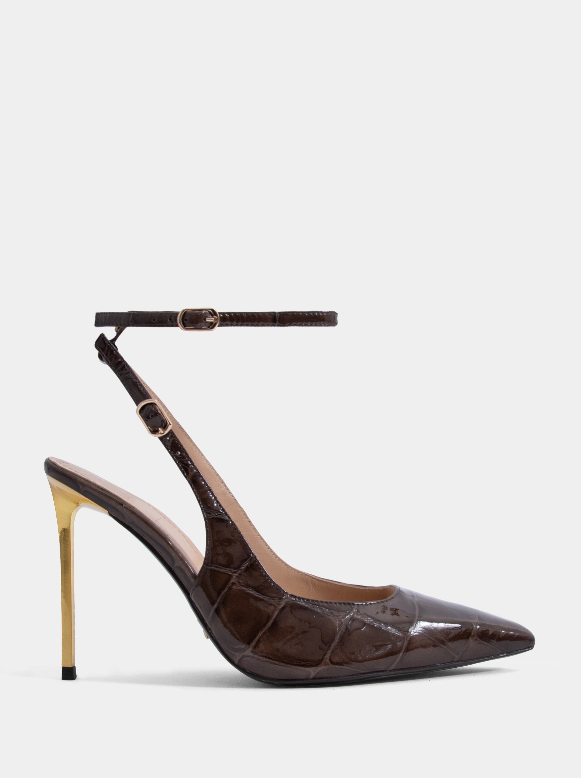 WANDA BROWN PATENT CROCO PUMPS