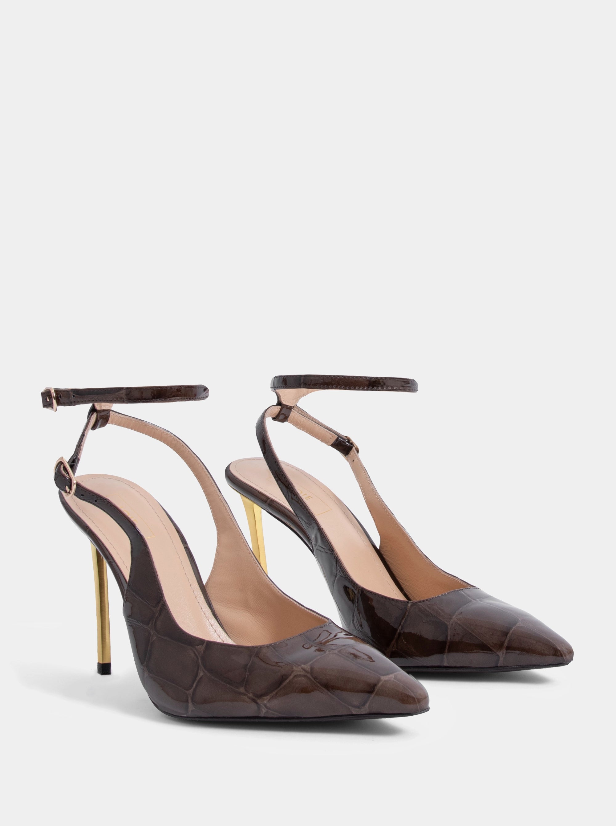WANDA BROWN PATENT CROCO PUMPS
