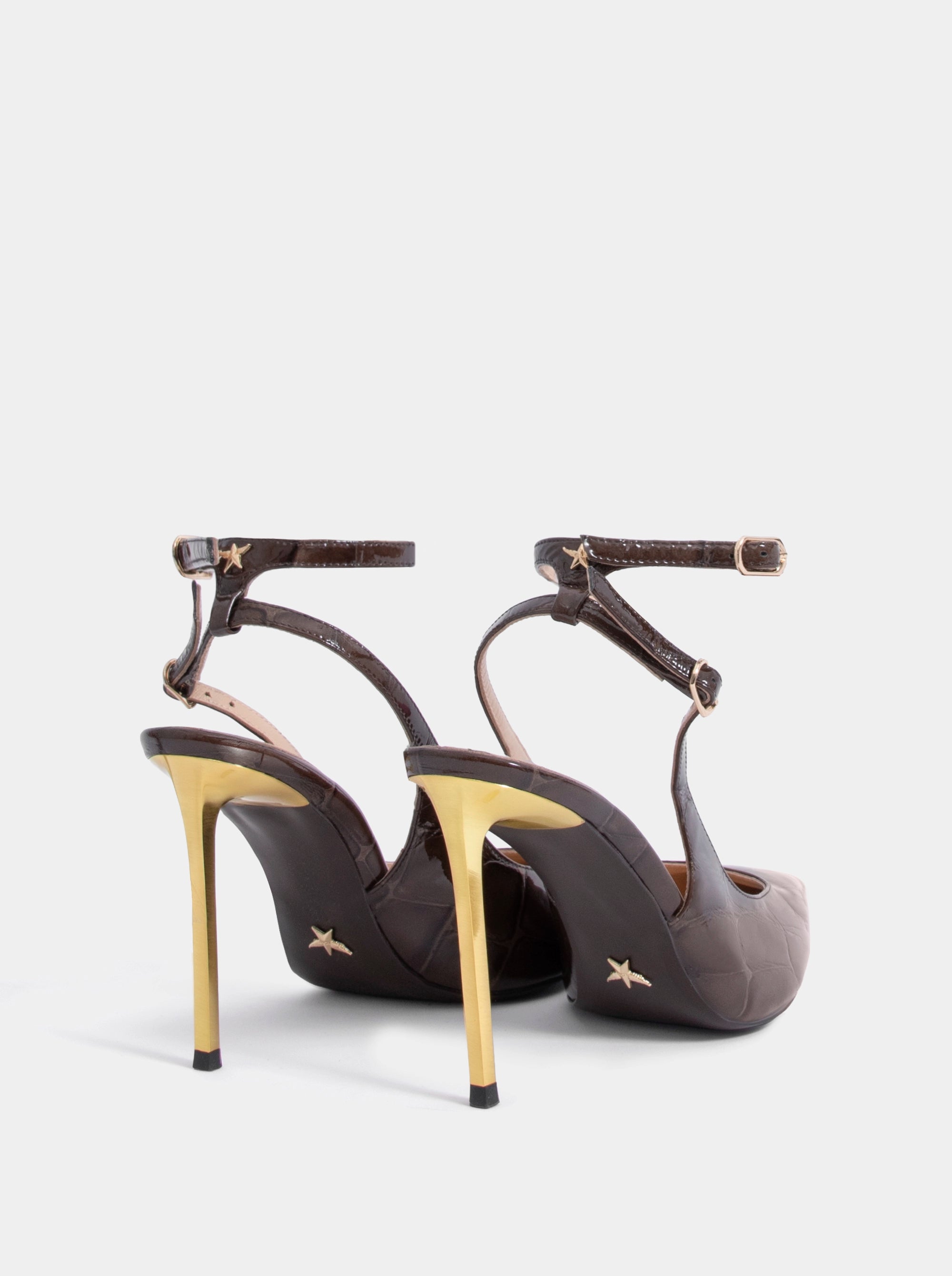 WANDA BROWN PATENT CROCO PUMPS