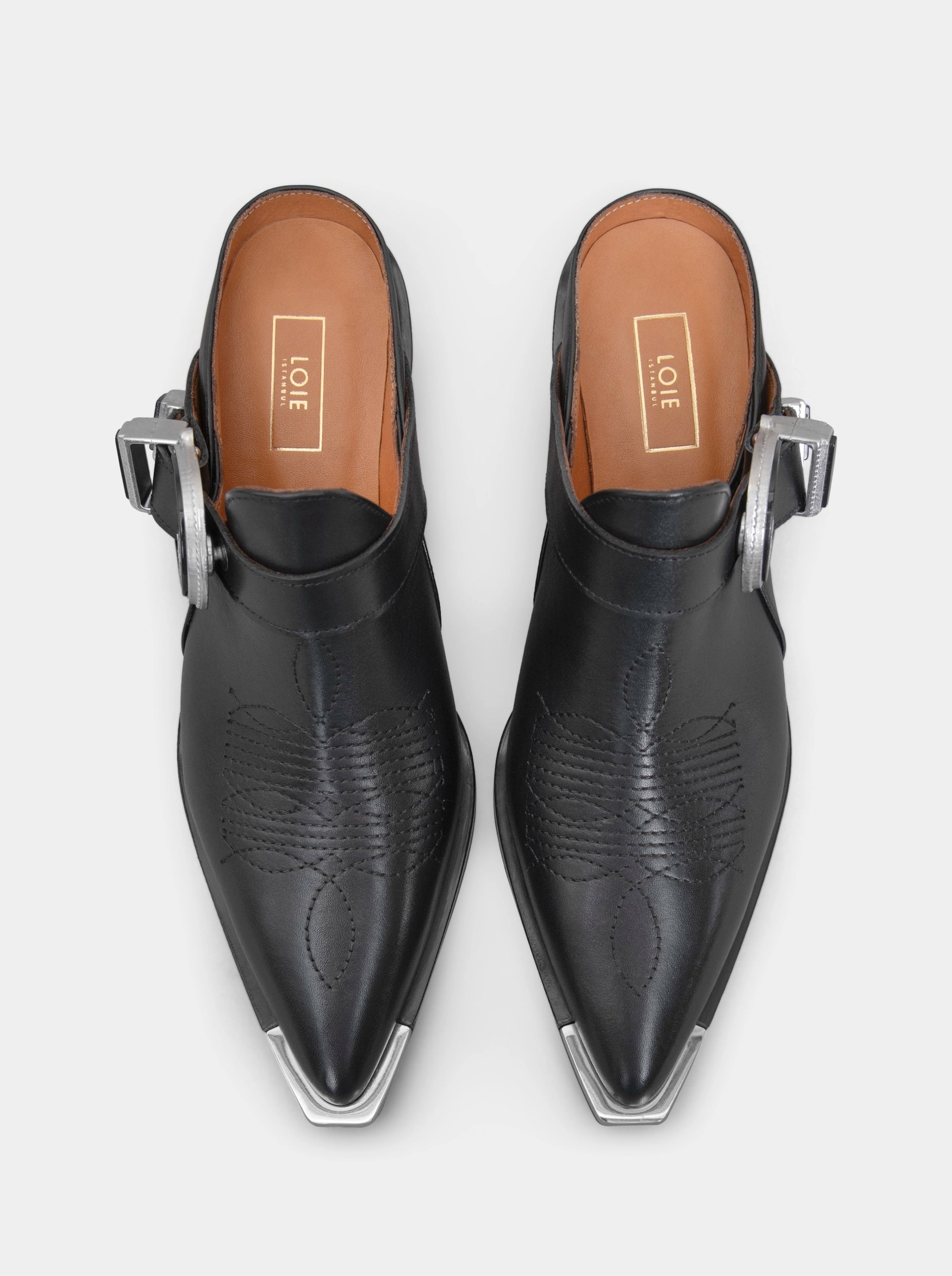 ERICA BLACK LEATHER MULES SLIPPERS