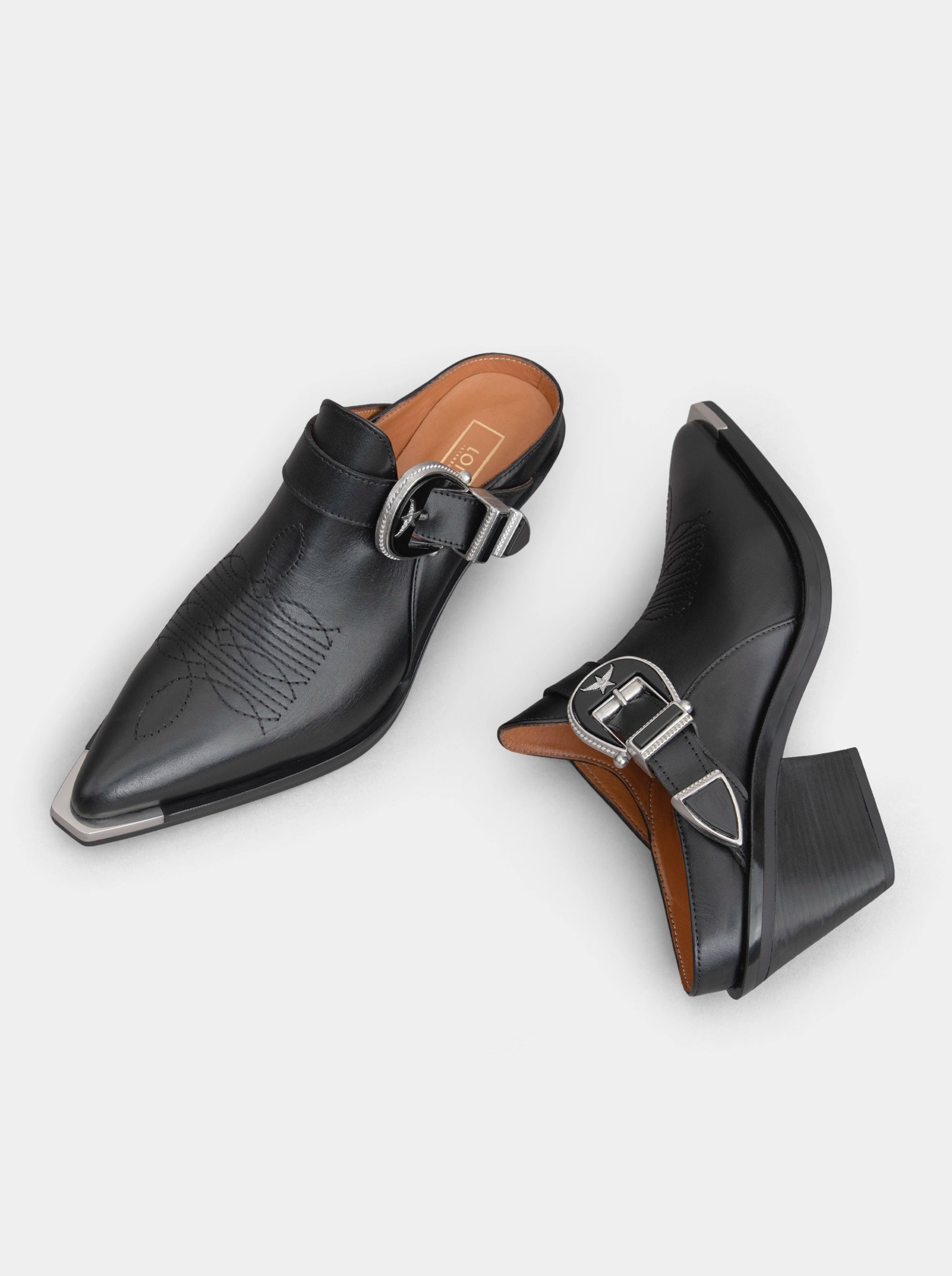 ERICA BLACK LEATHER MULES SLIPPERS