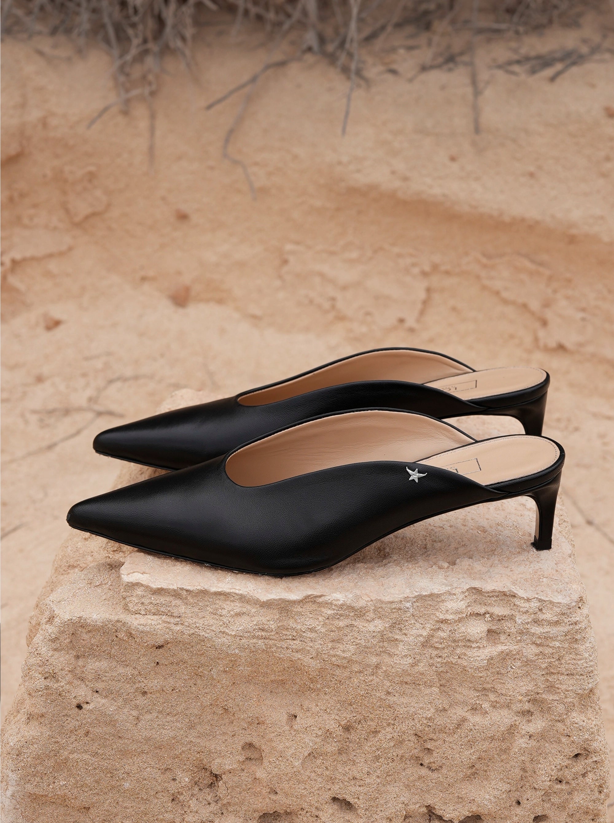 KATY BLACK LEATHER MULES SLIPPERS