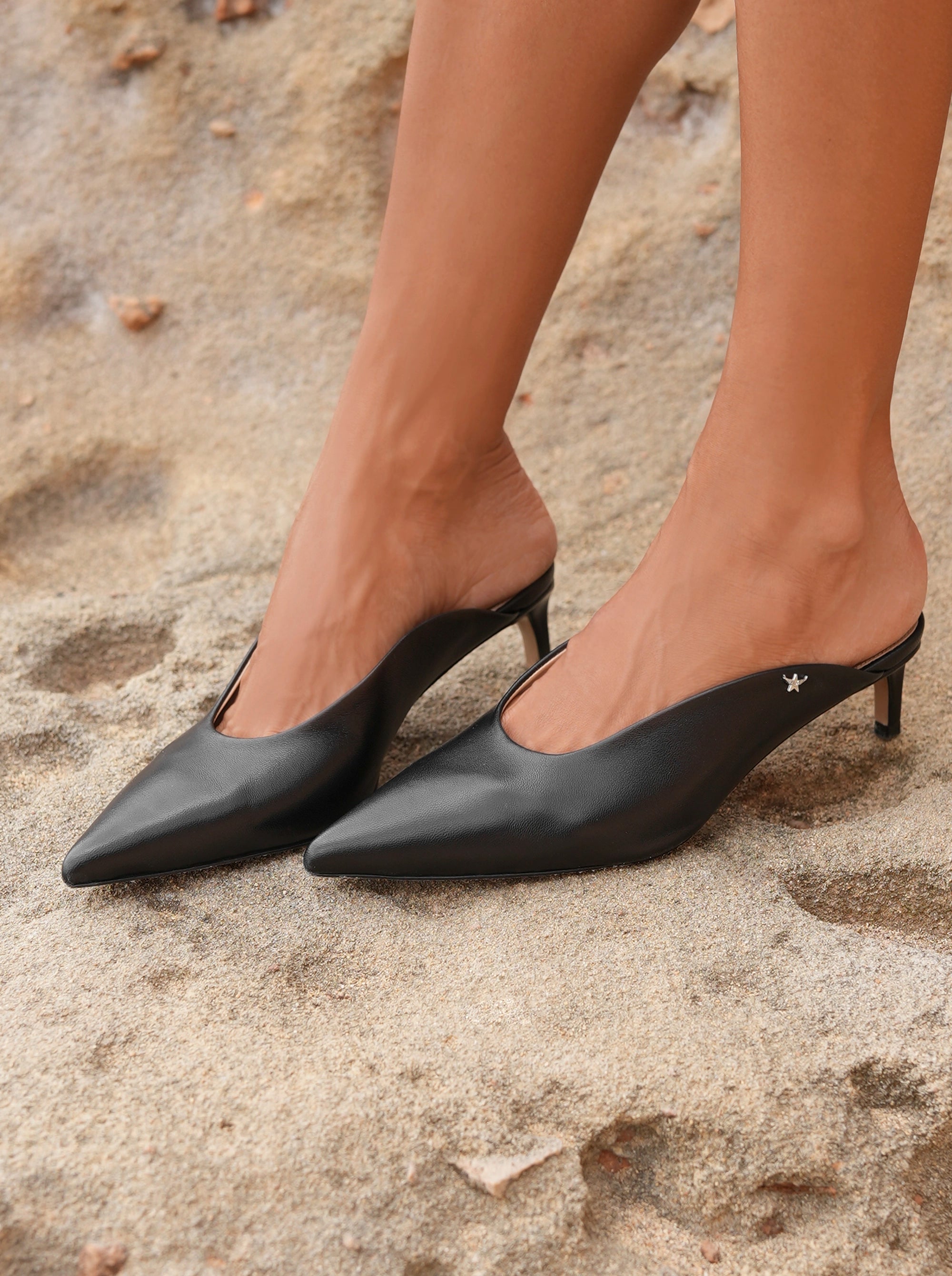 KATY BLACK LEATHER MULES SLIPPERS