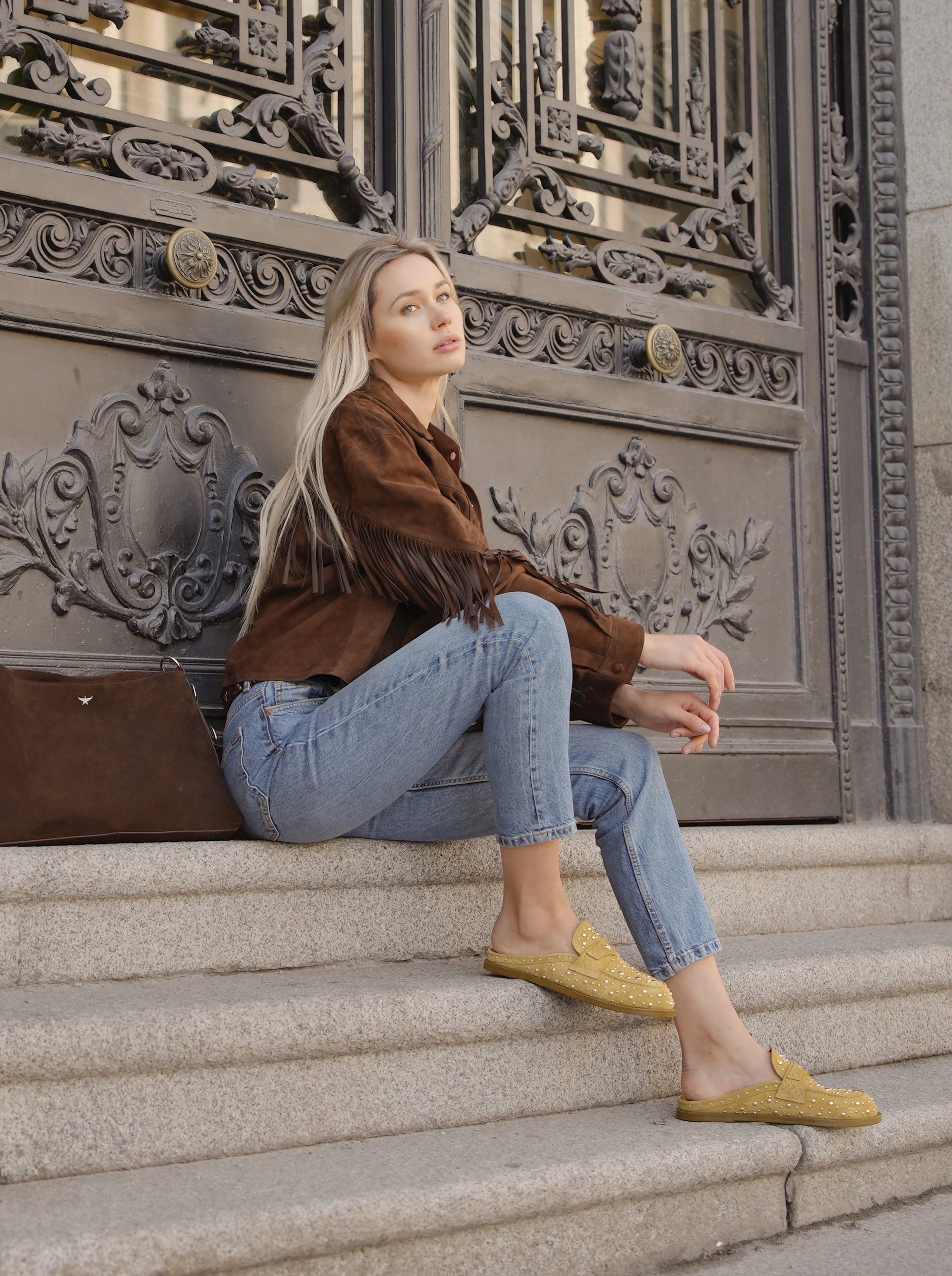 MAMO PING CAMEL SUEDE MULES SLIPPERS