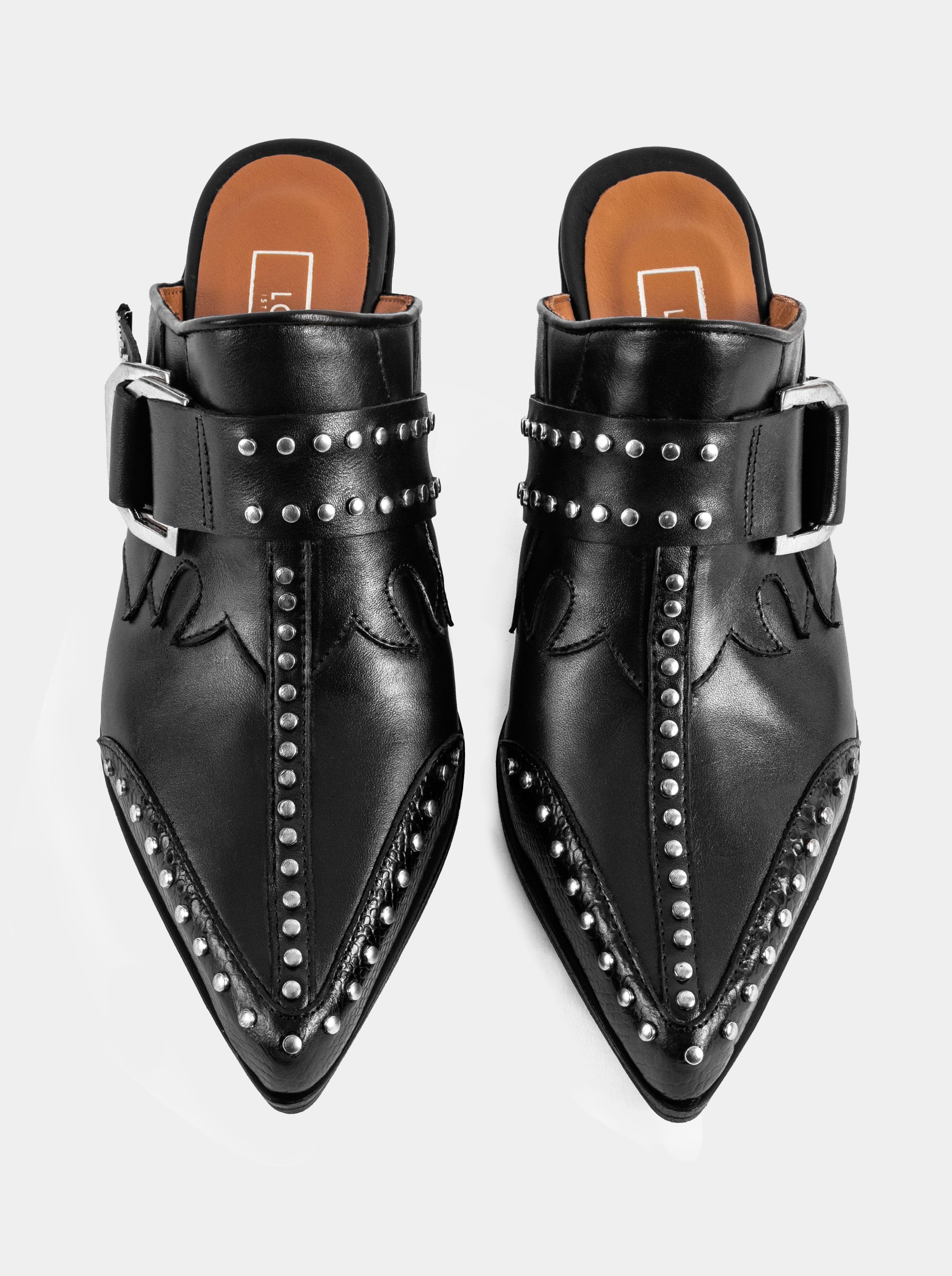 PERY MULES BLACK LEATHER SLIPPERS