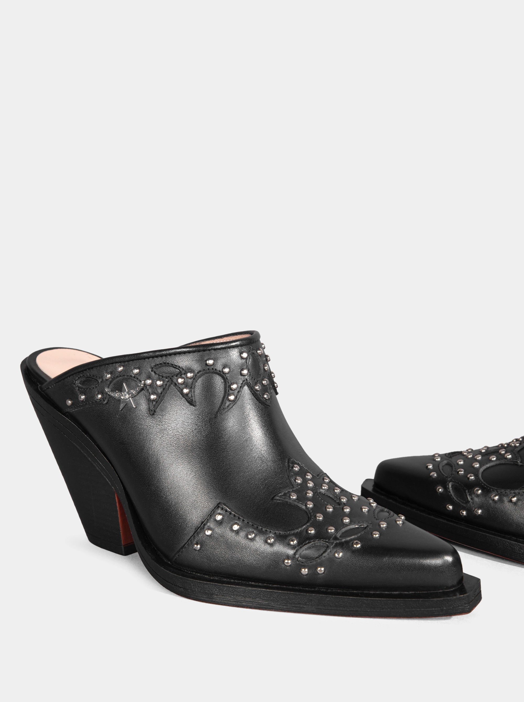 VIVA BLACK LEATHER MULES SLIPPERS