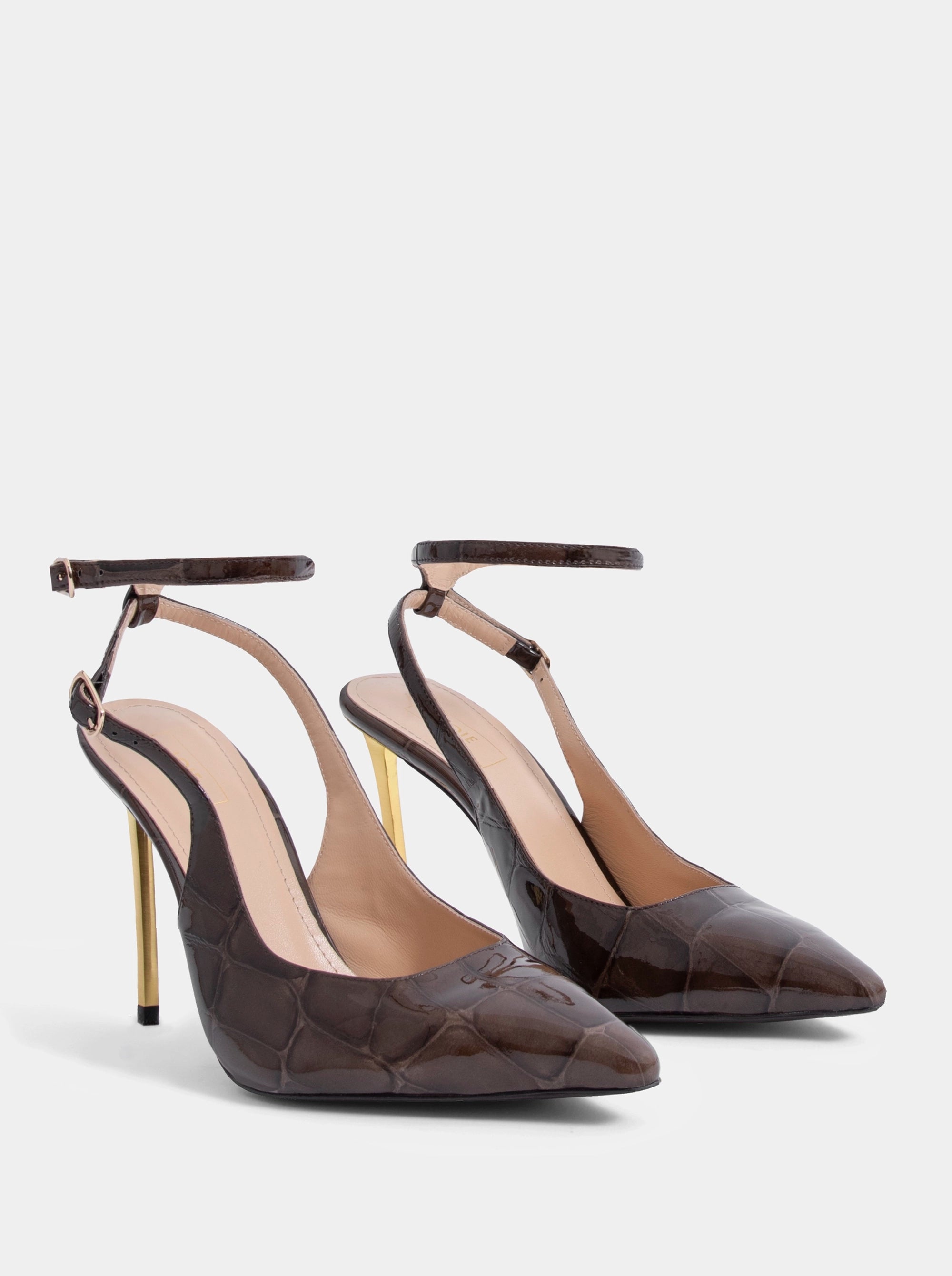 WANDA BROWN PATENT CROCO PUMPS